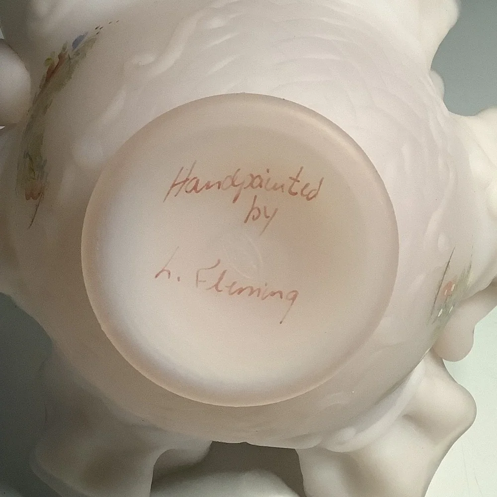 Fenton Pink Satin Glass Basket Ruffle Hearts & Flowers Hand Painted w/ Signature